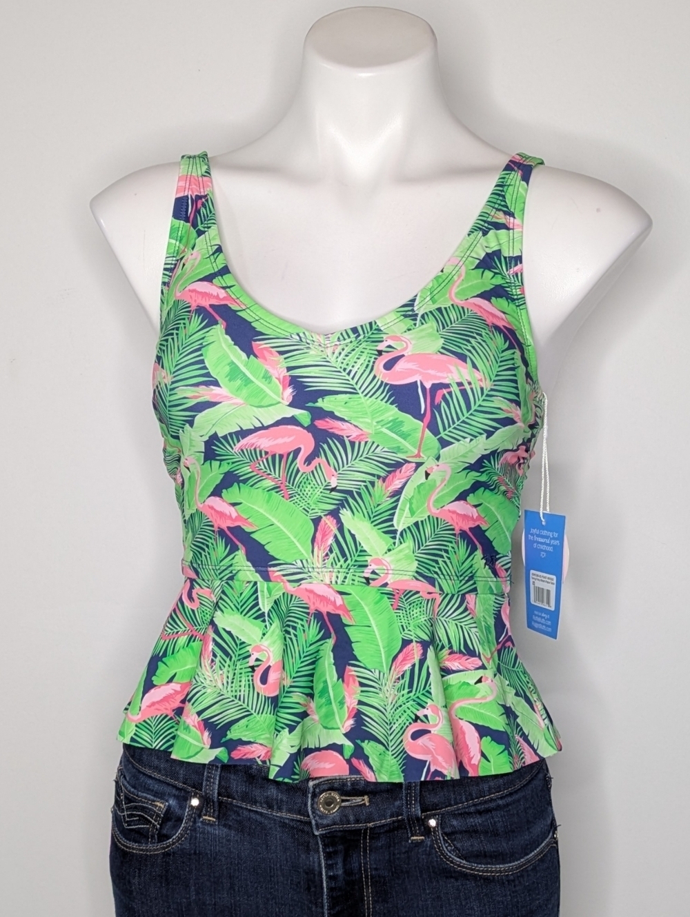 NWT Ruffle Butts Green Pink Flamingo Frenzy Peplum Tankini Bikini Top XS